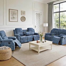 Blue fabric Reclining Couch 3-Pc Set — Sofa • Loveseat • Chair