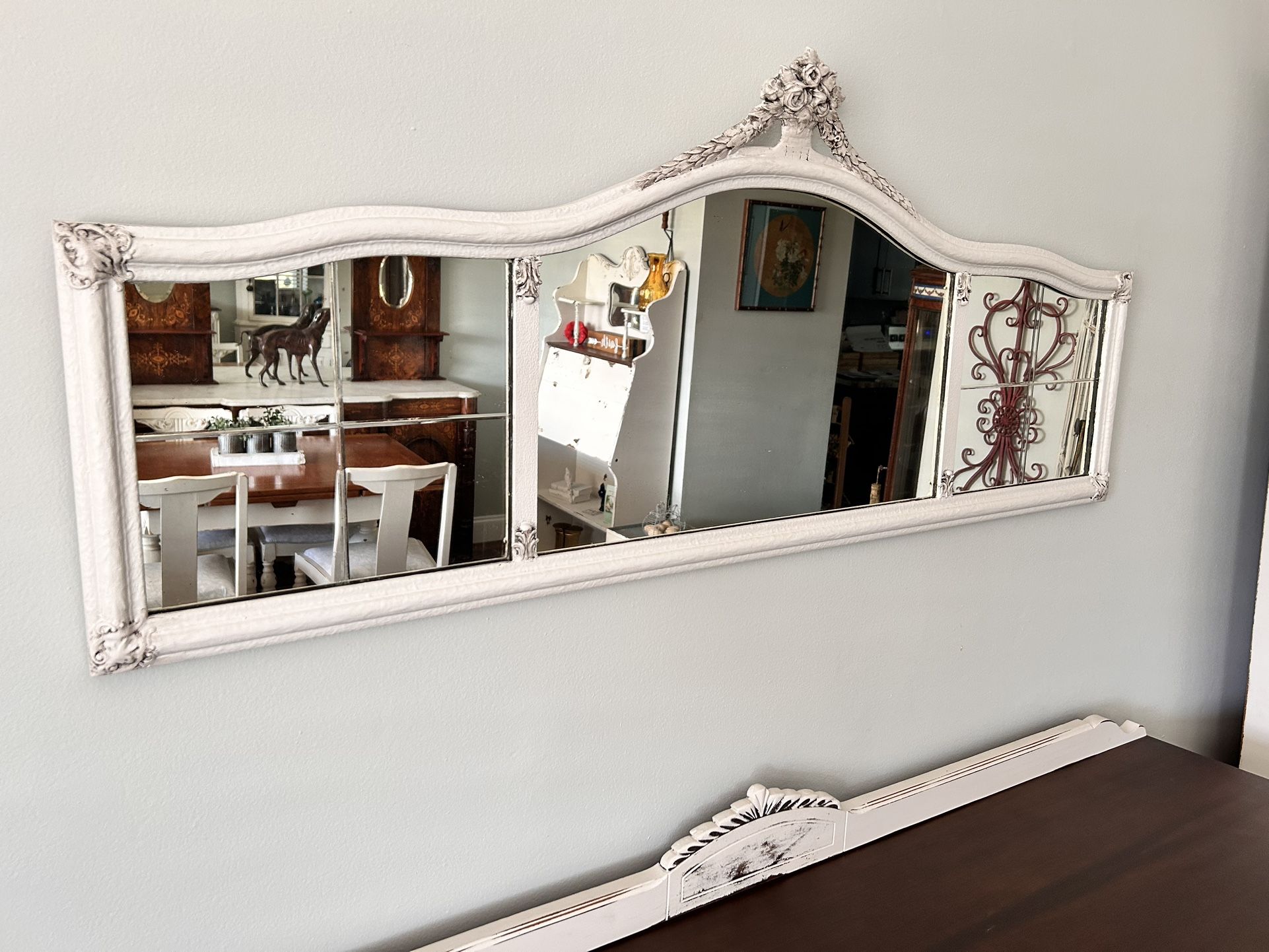 Stunning Antique Wood Three Panel Mantle Wall Mirror