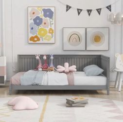 NEW Twin Gray Wood Daybed, Sofa Bed with Wood Legs and Headboard