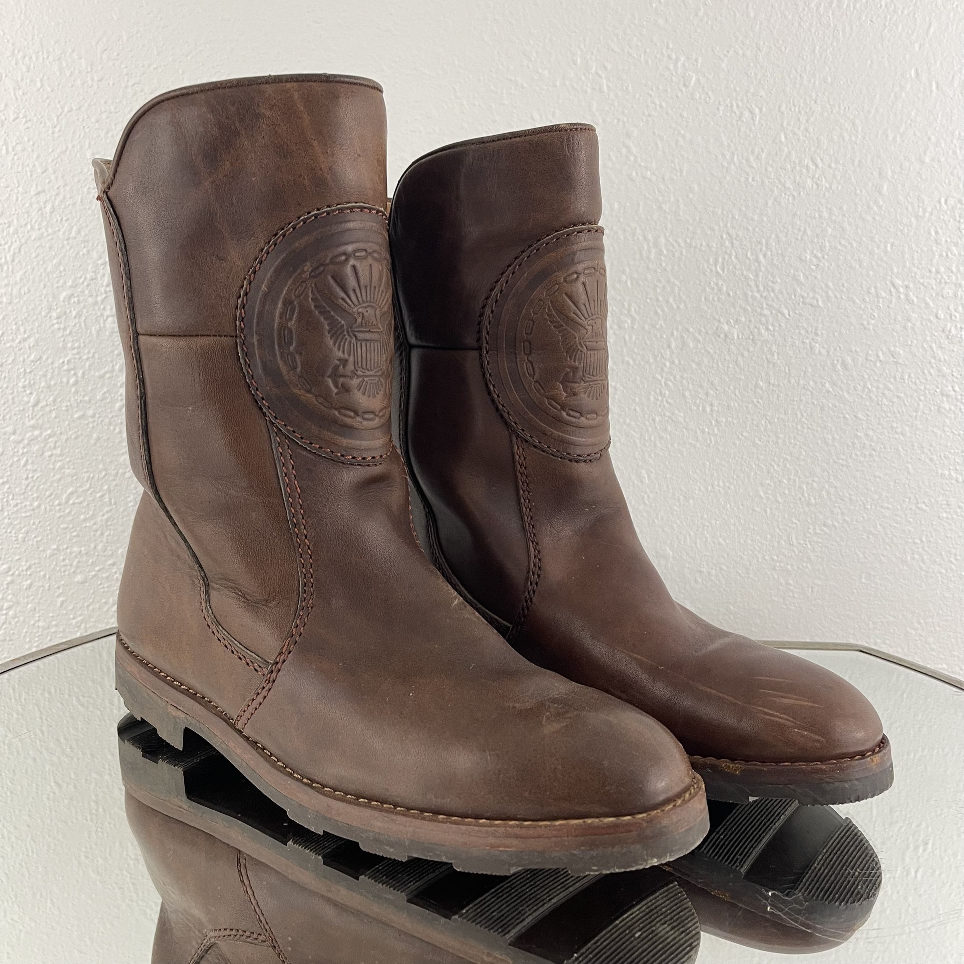 Vintage Mens Western Dark Brown Leather Embossed Eagle Mid Calf Winter Boots