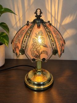 Vintage Pink Floral & Butterfly Glass Lamp | 3-Level Touch | Chipped-Ice Texture