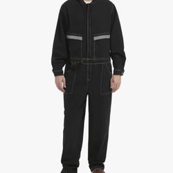 Mens Denim Work Coveralls with Hood Heavy Duty Work Jumpsuit Loose Fit Coverall Hi Viz Mechanic Jeans Overalls