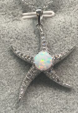 Sterling Silver CZ Star Fish with White Opal Pendant with adjustable 16-18” Chain