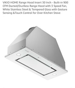 VIKIO HOME Range Hood Insert 30 Inch - Built-in 900 CFM Ducted/Ductless Range Hood with 3 Speed Fan, White Stainless Steel & Tempered Glass with Gestu