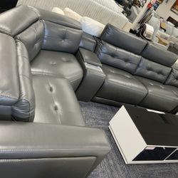 Premium Gray Leather Sectional With Hidden Storage