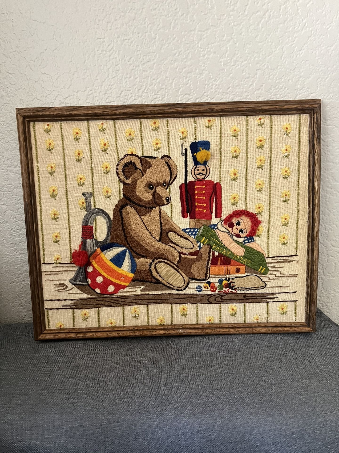 Framed Needlepoint Children's Toys teddy bear doll Ball Marbles Soldier Books