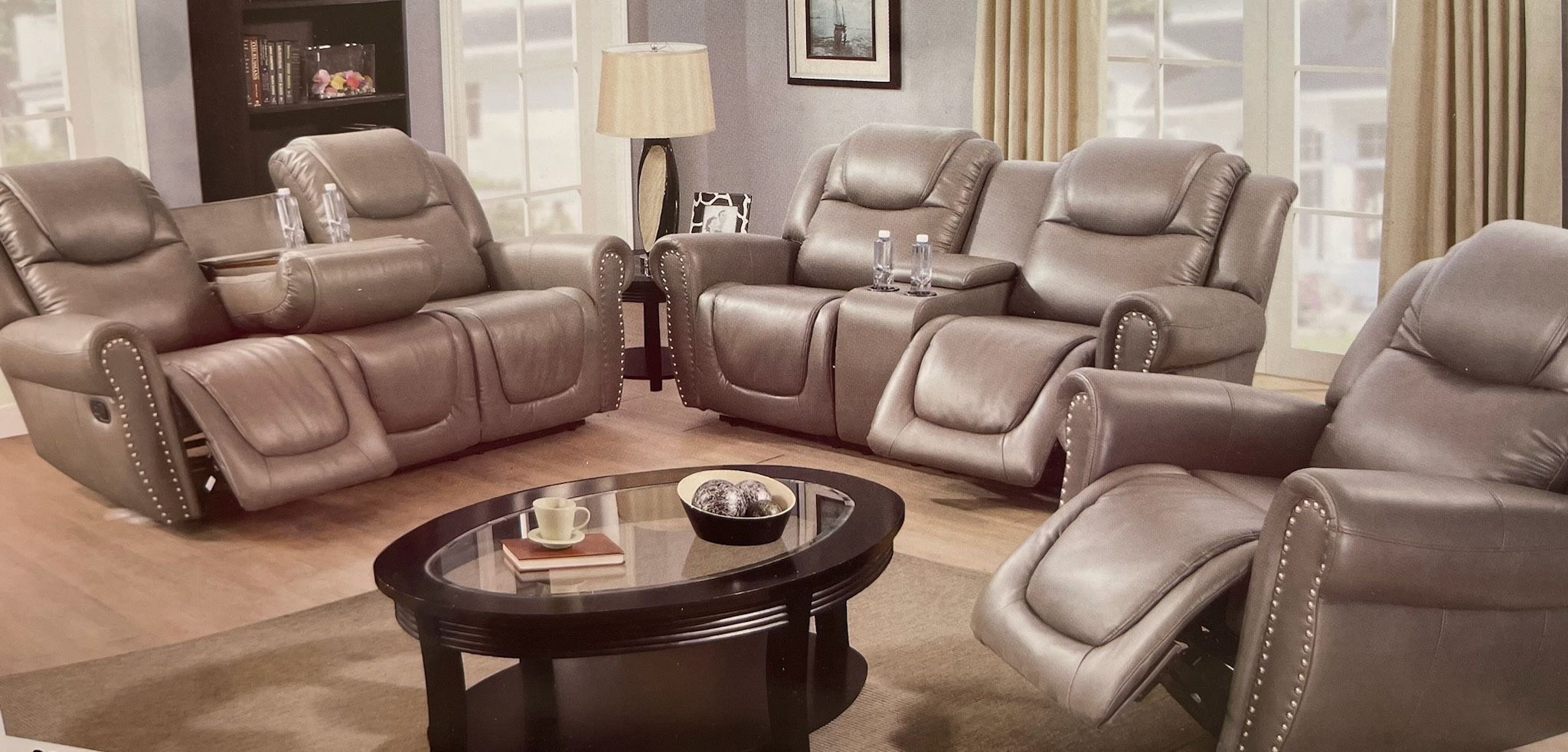 Grey Leather Fully Reclining Three Piece Couch Set