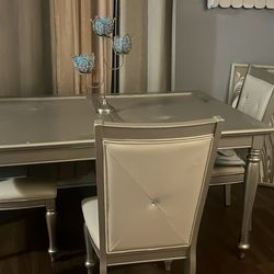 Matte Silver and Egg white diamond reupholstered Tiffany Dining Table set 4 chairs