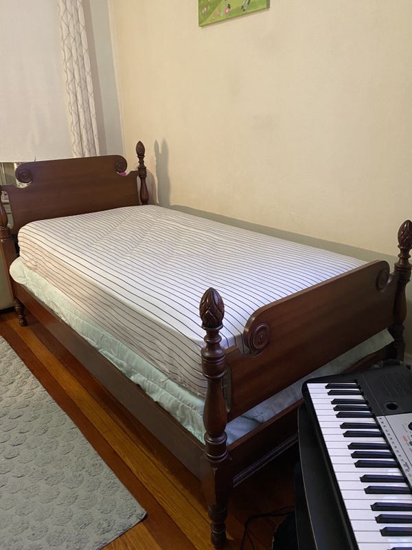 Vintage solid wood twin bed frame, box spring, mattress for Sale in