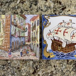 Vintage Hand Painted Ceramic Kitchen/Pan Trivet Tiles -Portugal Themed- Set Of 2 Brand New By