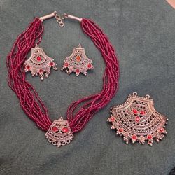 Elegant Traditional Indian Ruby Tone Beaded Jewelry Set With Choker, Pendant, Earrings