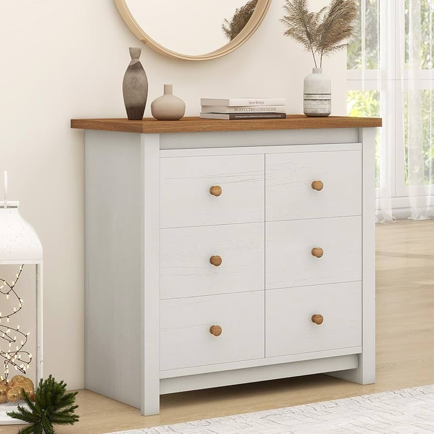 Farmhouse 6 Drawer Dresser for Bedroom Tall Modern Chest of Drawers Wood Oak Storage Chest for Bedroom Hallway Living Room Closet Dressers Chest