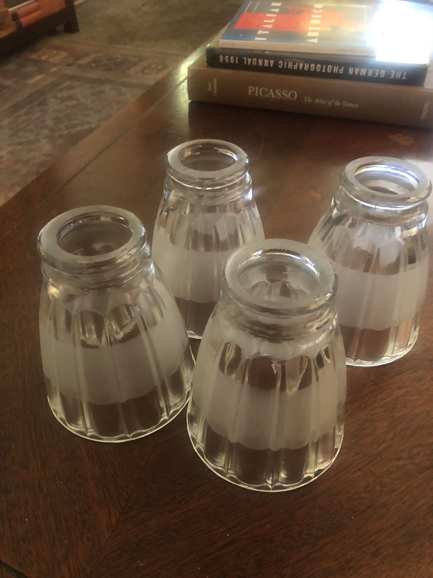 Four Leaded Glass w/Frosted Band Vintage Midcentury Ceiling Fan Replacement Light Shades: