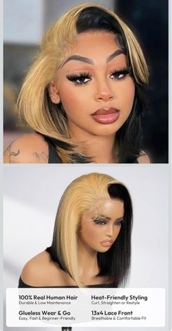 Yolissa Honey Blonde And Black Lace Front Wig Human Hair Bob 14 Inch 13x4 lace frontal, glueless, pre cut lace, pre plucked & bleached hairline, full 