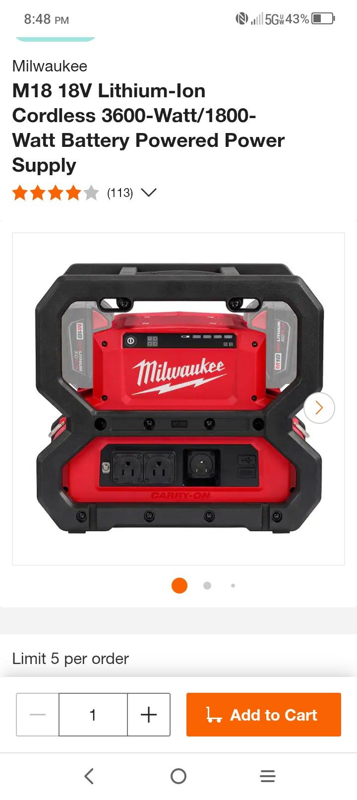 M18 18V Lithium-Ion Cordless 3600-Watt/1800-Watt Battery Powered Power Supply