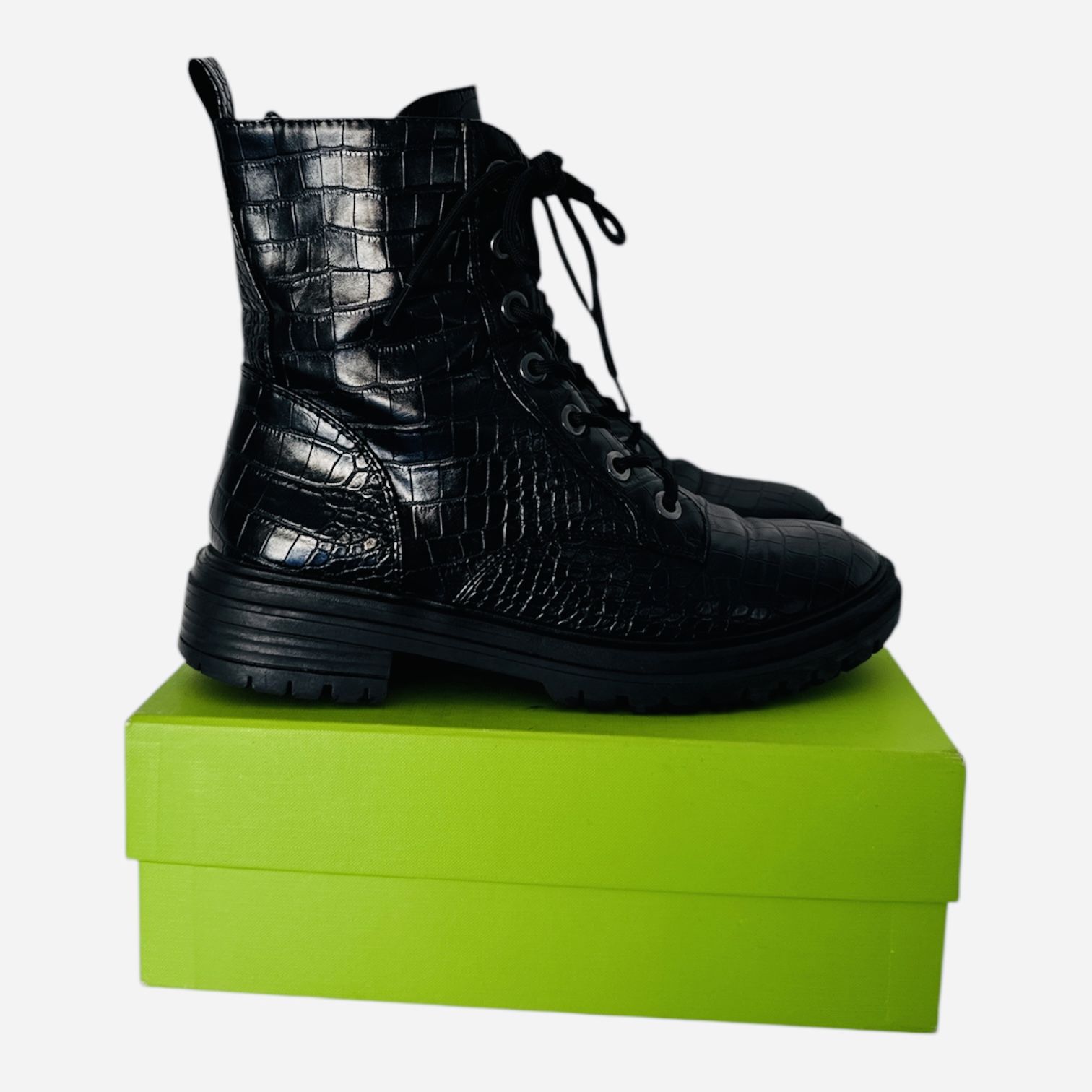 Nine West Glossy Black Croc-Embossed Moto Boots