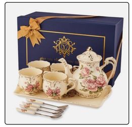 Vintage Ceramic Tea Set, Pink Rose Pattern, 6-Piece with Teapot, 8 Oz Cups, Serving Tray and Spoons, Microwave Safe, for Home Entertaining