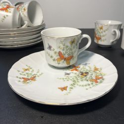 Stafford Co Japan 1960s “Ecstasy” Butterfly Porcelain 7 Demitasse Cups Saucers