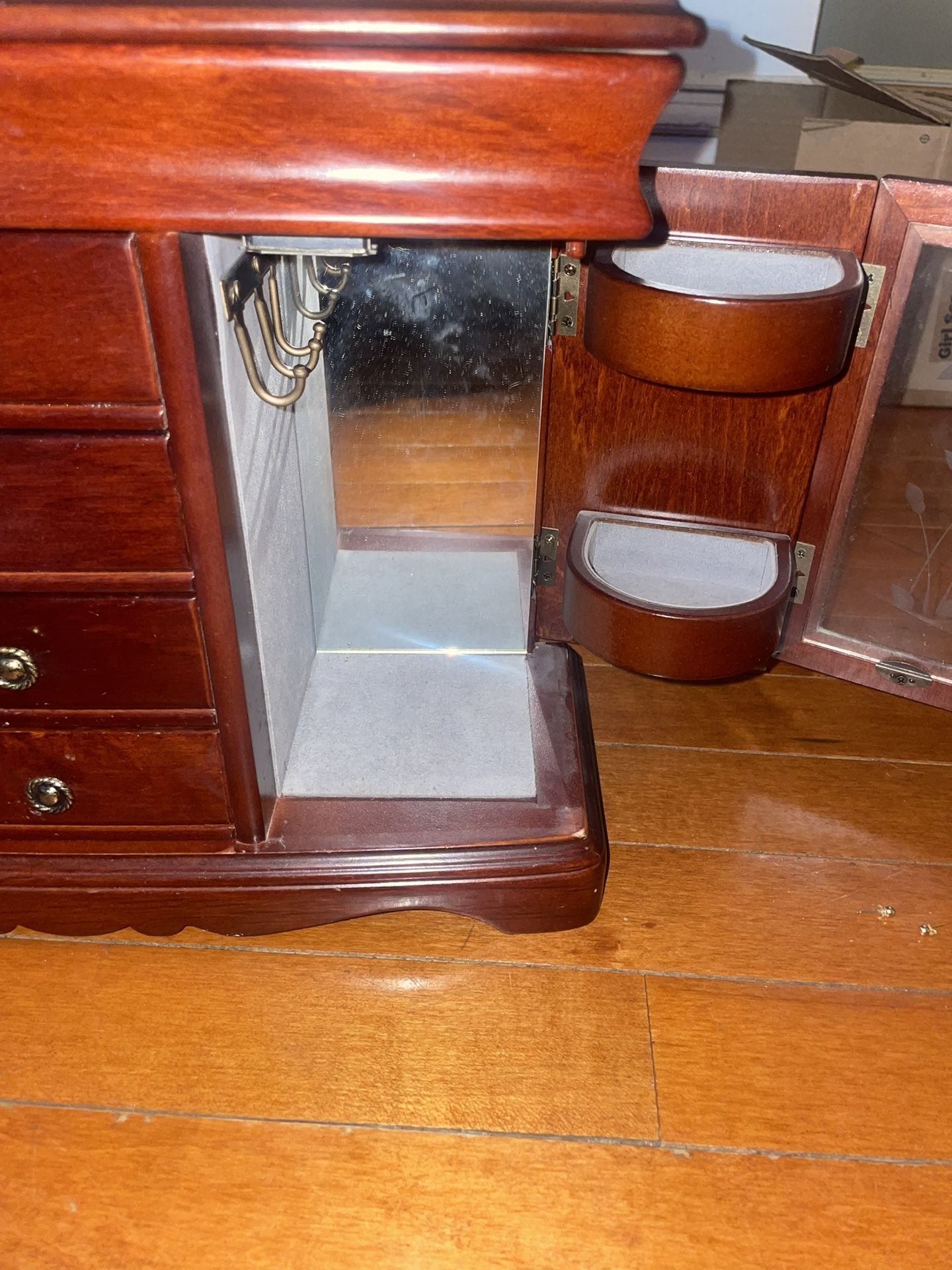 Cherry Wood Etched Roses Jewelry Armoire