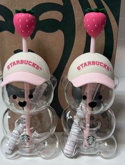 2026 Starbucks Limited Edition Pink Bearista Glass Straw Cup 20oz Baseball Cap Cover