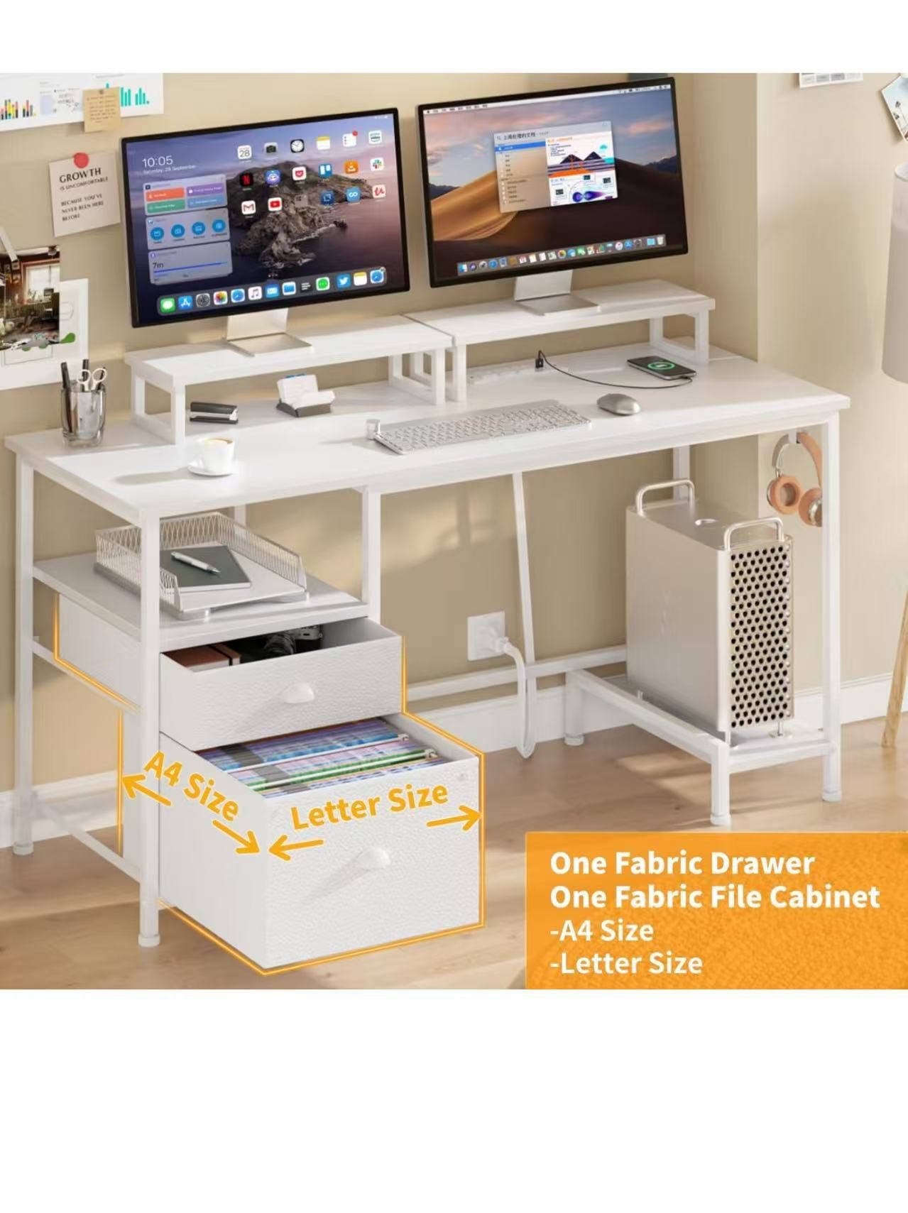 47" Computer Desk with File Cabinet and Power Outlets, Home Office Desk with 2 Monitor Stands and Storage Drawer, Writing Gaming Table with Shelves an