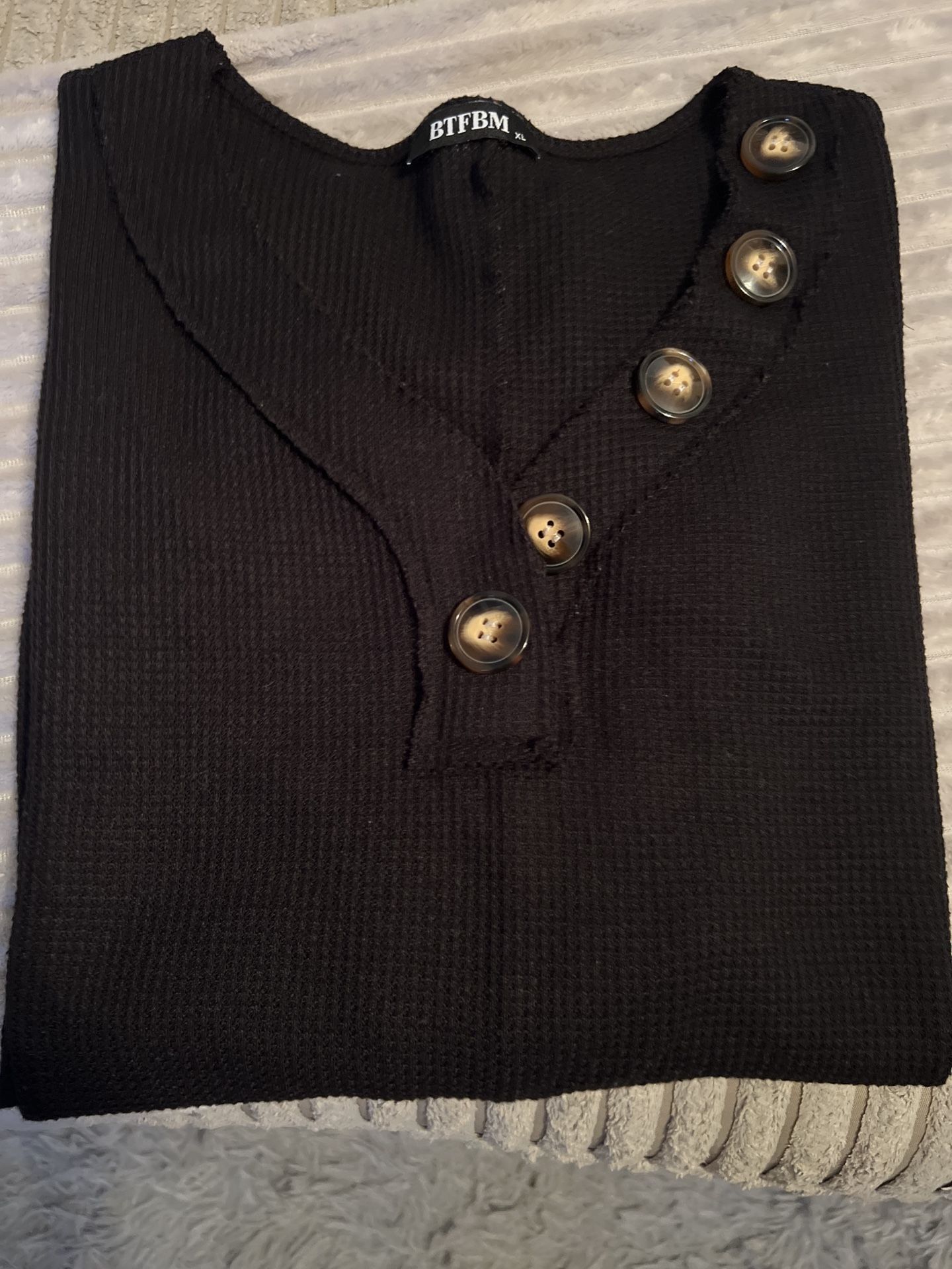 BTFBM Black Waffle Knit Button Top