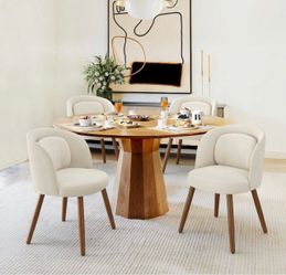 Set Of 4 Katherine Beige Mid-Century Modern Fabric Upholstered Dining Chairs with Solid Wood Legs and Detachable Pillow