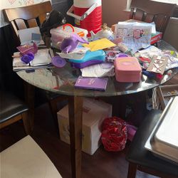 Glass Round Table Top With A Diamond Cut Edge, Brown Redwood Chairs With Leather Colored Coffee, Brown Leather Seats $200 Flat