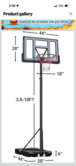 Basket ball hoop 44” backboard 3.8’- 10ft