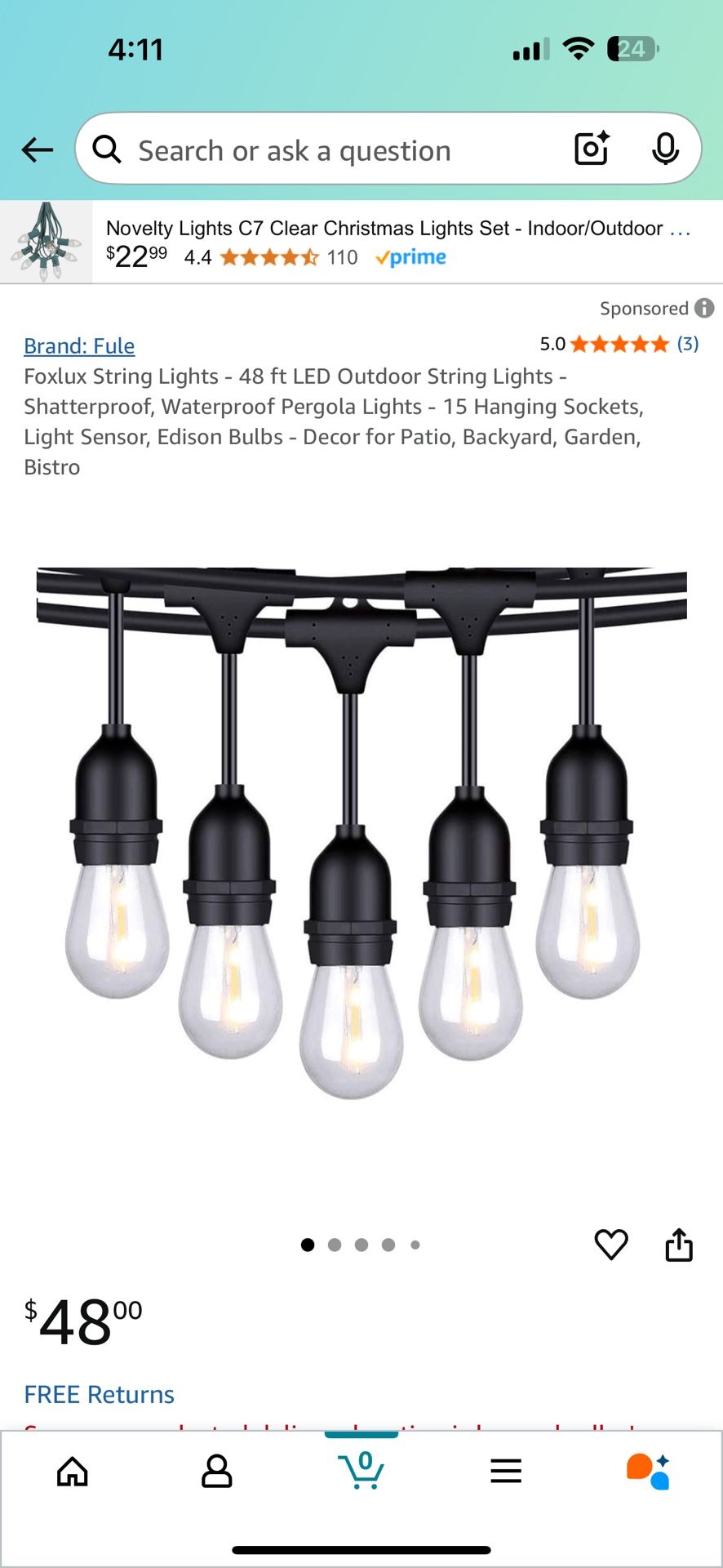 Foxlux String Lights - 48 ft LED Outdoor String Lights - Shatterproof, Waterproof Pergola Lights - 15 Hanging Sockets, Light Sensor, Edison Bulbs - De