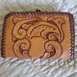 Vintage Tooled Leather Wallet Y2K Boho Western Kiss Lock Coin Purse