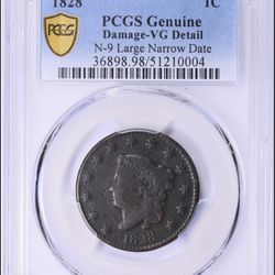 1828 Large Cent – PCGS Genuine, VG Detail – N-9 Large Narrow Date Variety
