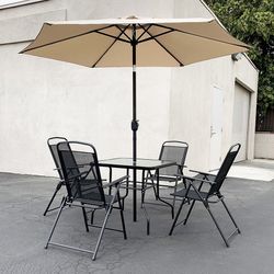 (Brand New) $140 Outdoor 6pcs Patio Set with 32x32” Table, 4pc Folding Chairs and 10ft Tilt Umbrella 