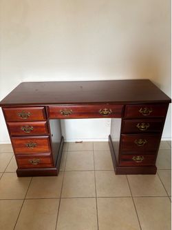 Traditional Cherry Wood Pedestal Desk with Brass Hardware