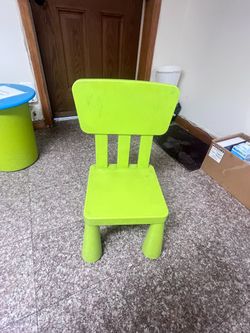 Low Bright Green Child's Chair (children's scribbles on surface of chair)