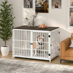 Bingopaw Triple Door Wooden Dog Crate Indoor, White, Large, Removable Tray, 36.02"L x 25"W x 29.33"H