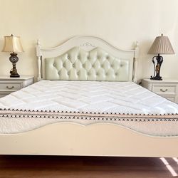 legant French Style Queen Bedroom Set – Tufted Bed + Nightstands + Mirror + Latex Mattress
