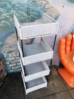 Vintage Wicker Handy Dandy 4 Tier Shelf Unit Steele And White Wicker