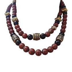vintage double strand red jasper necklace with goldtone accents