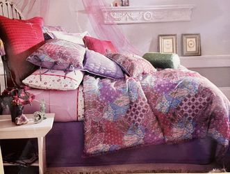 Twin Single comforter bed skirt/dust ruffle decorative pillows window treatment set colcha sobrecama Girls teens College Purple Lavender 6 Piece Set