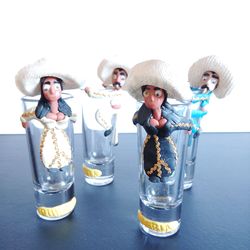 Mexican Puebla Tall Shot Glasses with Handmade Clay Characters Novelty Barware (4)