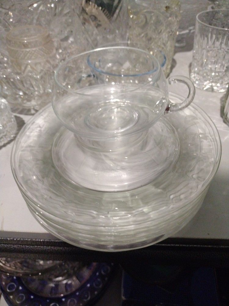 Set Of Seven Crystal Cups And Saucers