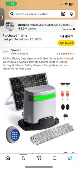 1300lb Sliding Gate Opener with Chain Drive & Solar Panel, WiFi/App & Keypad & Remote Control, Built-in Backup Battery & Infrared Safety Sensor - Comp