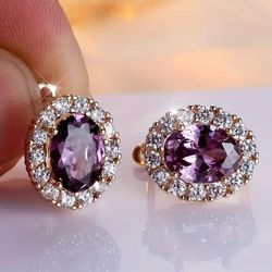 Purple Crystal Halo Stud Earrings ✨ Rose Gold-Tone Boutique Jewelry