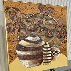 Mid-century gold metal frame oil impasto on canvas painting by Davidson