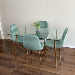 Blue Gold Modern Velvet Glass Dining Set 