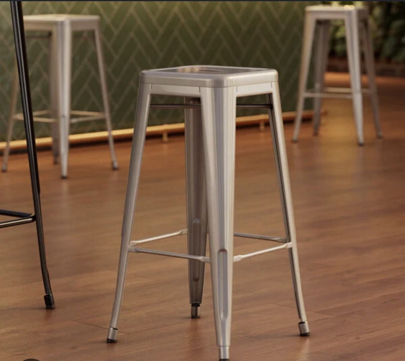 Set of Industrial Silver Metal Bar Stools – Stackable (10 Available)
