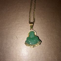 18k Solid Gold and Jade Buddha Pendant With Chain