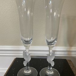 Pair Champagne Flutes, Frosted Bird Stems , Wedding Doves Crystal Toasting