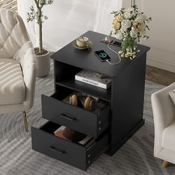 Nightstand with 2 Drawers Charging Station, Bedside Tables with Storage, Black